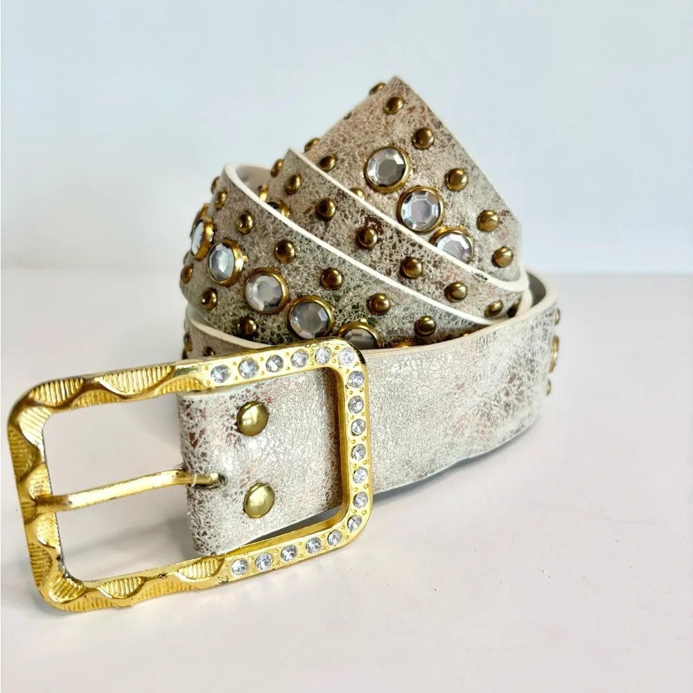 Vintage White and Gold Belt Studded and Crystals with Gold Buckle